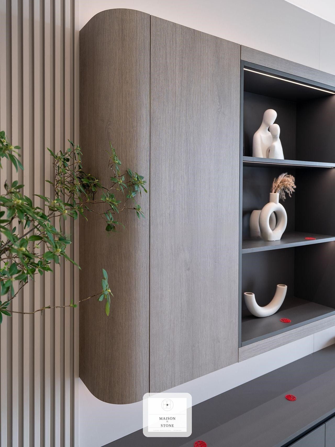 Styled open shelving and curved wood cabinetry, custom kitchen renovation by Maison & Stone