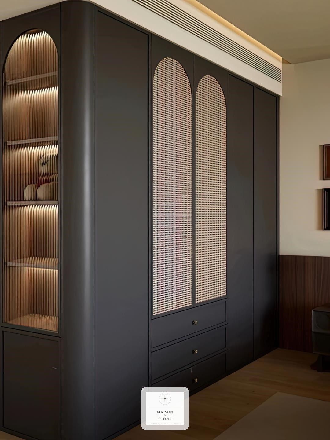 Dark bedroom wardrobe with arched cane doors and brass hardware, luxury bedroom renovation Gauteng