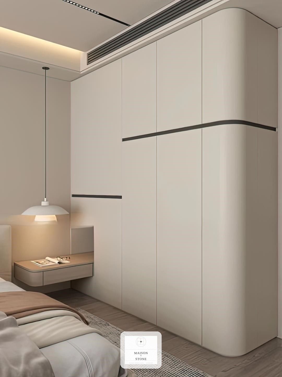 Curved built-in wardrobe with soft lines, custom bedroom renovation by Maison & Stone