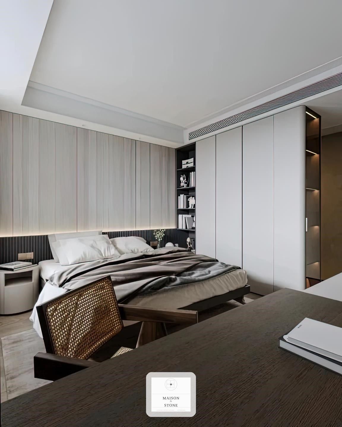 Bedroom headboard wall with timber panelling, custom home interior renovation by Maison & Stone